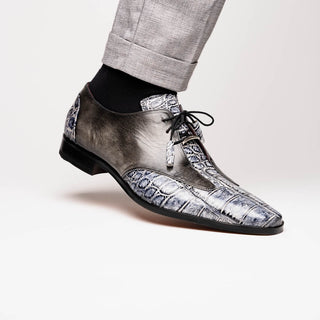 Marco Di Milano Anzio Newspaper & Gray Exotic Alligator / Calfskin Leather Derby (MDM1037)