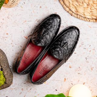 Marco Di Milano Aubiere Men's Shoes Exotic Black Ostrich Tassel Loafers (MDM1198)