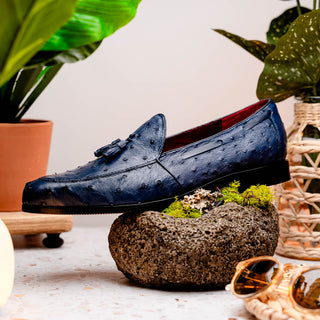Marco Di Milano Aubiere Men's Shoes Exotic Navy Ostrich Tassel Loafers (MDM1198)