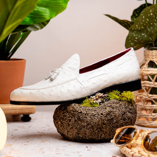 Marco Di Milano Aubiere Men's Shoes White Exotic Ostrich Tassels Loafers (MDM1198)