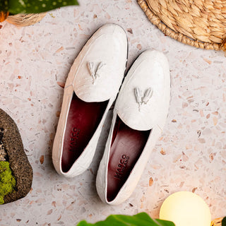 Marco Di Milano Aubiere Men's Shoes White Exotic Ostrich Tassels Loafers (MDM1198)