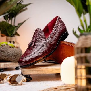 Marco Di Milano Aubiere Men's Shoes Exotic Wine Ostrich Tassels Loafers (MDM1198)