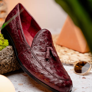 Marco Di Milano Aubiere Men's Shoes Exotic Wine Ostrich Tassels Loafers (MDM1198)