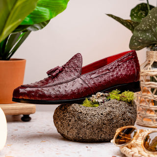 Marco Di Milano Aubiere Men's Shoes Exotic Wine Ostrich Tassels Loafers (MDM1198)