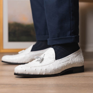 Marco Di Milano Aubiere Men's Shoes White Exotic Ostrich Tassels Loafers (MDM1198)