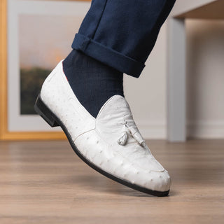 Marco Di Milano Aubiere Men's Shoes White Exotic Ostrich Tassels Loafers (MDM1198)