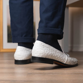 Marco Di Milano Aubiere Men's Shoes White Exotic Ostrich Tassels Loafers (MDM1198)