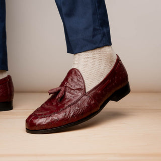 Marco Di Milano Aubiere Men's Shoes Exotic Wine Ostrich Tassels Loafers (MDM1198)