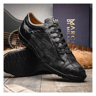 Marco Di Milano Bari Men's Shoes Black Genuine Patchwork Lizard Skin Fashion Sneakers (MDM1142)