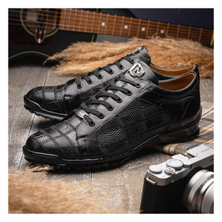 Marco Di Milano Bari Men's Shoes Black Genuine Patchwork Lizard Skin Fashion Sneakers (MDM1142)