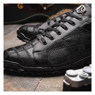 Marco Di Milano Bari Men's Shoes Black Genuine Patchwork Lizard Skin Fashion Sneakers (MDM1142)