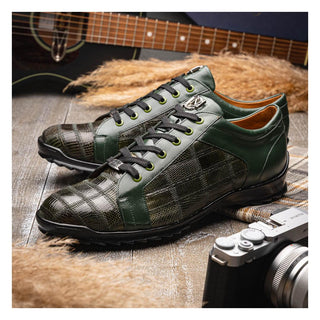 Marco Di Milano Bari Men's Shoes Green Genuine Patchwork Lizard Skin Fashion Sneakers (MDM1142)