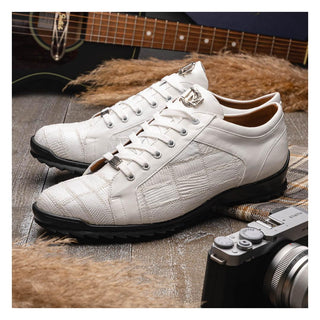 Marco Di Milano Bari Men's Shoes White Genuine Patchwork Lizard Skin Sneakers (MDM1142)