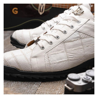 Marco Di Milano Bari Men's Shoes White Genuine Patchwork Lizard Skin Sneakers (MDM1142)