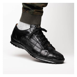 Marco Di Milano Bari Men's Shoes Black Genuine Patchwork Lizard Skin Fashion Sneakers (MDM1142)