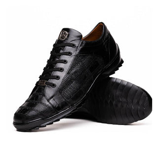 Marco Di Milano Bari Men's Shoes Black Genuine Patchwork Lizard Skin Fashion Sneakers (MDM1142)