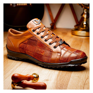 Marco Di Milano Bari Men's Shoes Cognac Genuine Patchwork Lizard Skin Sneakers (MDM1142)