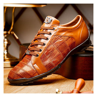 Marco Di Milano Bari Men's Shoes Cognac Genuine Patchwork Lizard Skin Sneakers (MDM1142)
