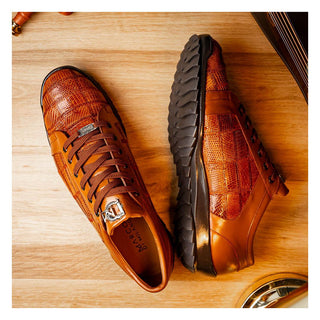 Marco Di Milano Bari Men's Shoes Cognac Genuine Patchwork Lizard Skin Sneakers (MDM1142)