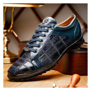 Marco Di Milano Bari Men's Shoes Navy Genuine Patchwork Lizard Skin Sneakers (MDM1142)