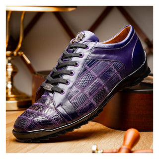 Marco Di Milano Bari Men's Shoes Purple Genuine Patchwork Lizard Skin Fashion Sneakers (MDM1142)