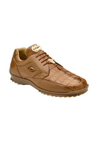 Tobacco-colored Belvedere Vasco sneakers in hornback crocodile and calfskin leather with gold hardware and rubber soles.