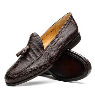 Marco Di Milano Bianchi Men's Shoes Brown Exotic Caiman Crocodile Tassels Loafers (MDM1197)