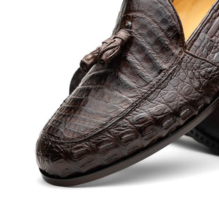 Marco Di Milano Bianchi Men's Shoes Brown Exotic Caiman Crocodile Tassels Loafers (MDM1197)