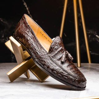 Marco Di Milano Bianchi Men's Shoes Brown Exotic Caiman Crocodile Tassels Loafers (MDM1197)
