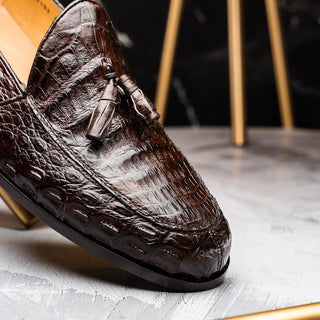 Marco Di Milano Bianchi Men's Shoes Brown Exotic Caiman Crocodile Tassels Loafers (MDM1197)