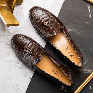 Marco Di Milano Bianchi Men's Shoes Brown Exotic Caiman Crocodile Tassels Loafers (MDM1197)