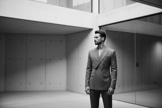 Black-and-white horizontal image. Modern, abstract, high-fashion editorial. Clean architecture, soft shadows, sharp lines. Implied masculine energy. Model is always sharply dressed — tailored and elevated. Quiet luxury. No logos, no product focus.