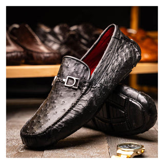 Marco Di Milano Bolonia Men's Shoes Black Exotic Ostrich Horse-Bit Driver Loafer (MDM1205)