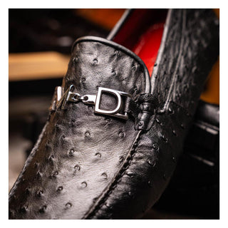 Marco Di Milano Bolonia Men's Shoes Black Exotic Ostrich Horse-Bit Driver Loafer (MDM1205)