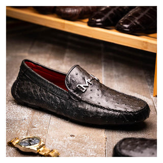 Marco Di Milano Bolonia Men's Shoes Black Exotic Ostrich Horse-Bit Driver Loafer (MDM1205)