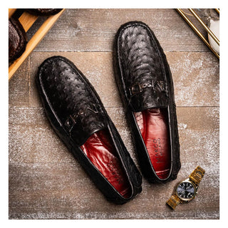 Marco Di Milano Bolonia Men's Shoes Black Exotic Ostrich Horse-Bit Driver Loafer (MDM1205)