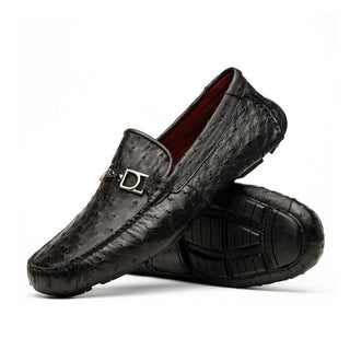 Marco Di Milano Bolonia Men's Shoes Black Exotic Ostrich Horse-Bit Driver Loafer (MDM1205)