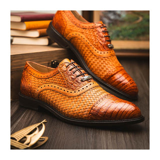 Marco Di Milano John Men's Shoes Brandy Exotic Caiman Crocodile / Woven Leather Oxfords (MDM1178)
