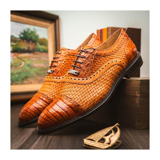Marco Di Milano John Men's Shoes Brandy Exotic Caiman Crocodile / Woven Leather Oxfords (MDM1178)