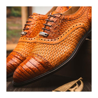 Marco Di Milano John Men's Shoes Brandy Exotic Caiman Crocodile / Woven Leather Oxfords (MDM1178)