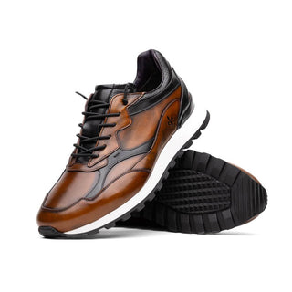 Zelli Italia Bravo Men's Shoes Cognac & Black Burnished Calf-Skin Leather Sneaker (ZEL1063)