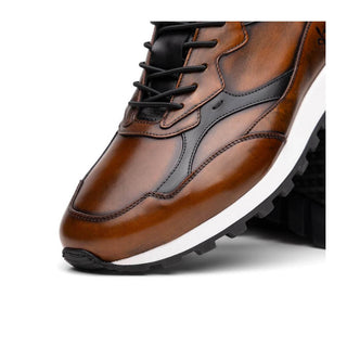 Zelli Italia Bravo Men's Shoes Cognac & Black Burnished Calf-Skin Leather Sneaker (ZEL1063)