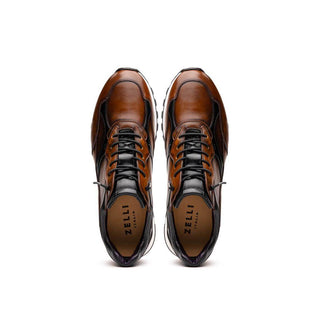 Zelli Italia Bravo Men's Shoes Cognac & Black Burnished Calf-Skin Leather Sneaker (ZEL1063)