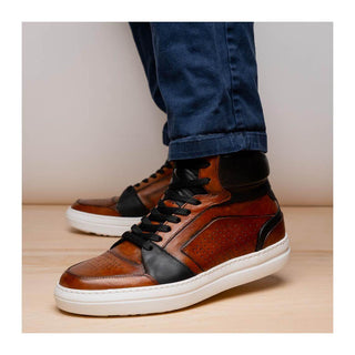 Zelli Italia Bravo Men's Shoes Cognac & Brown Burnished Calf-Skin Leather High-Top Sneaker (ZEL1061)