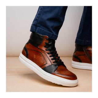 Zelli Italia Bravo Men's Shoes Cognac & Brown Burnished Calf-Skin Leather High-Top Sneaker (ZEL1061)