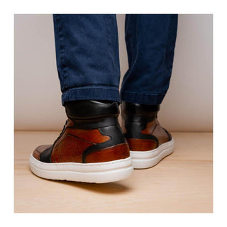 Zelli Italia Bravo Men's Shoes Cognac & Brown Burnished Calf-Skin Leather High-Top Sneaker (ZEL1061)