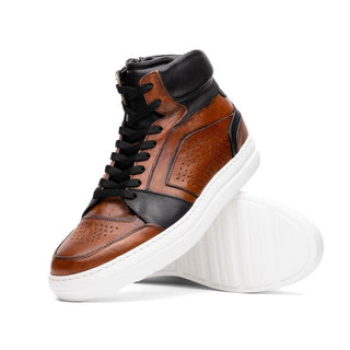 Zelli Italia Bravo Men's Shoes Cognac & Brown Burnished Calf-Skin Leather High-Top Sneaker (ZEL1061)