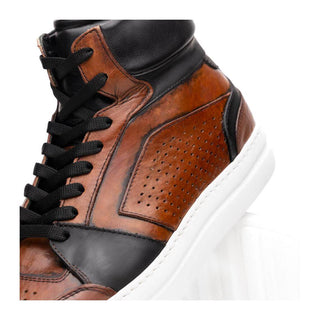 Zelli Italia Bravo Men's Shoes Cognac & Brown Burnished Calf-Skin Leather High-Top Sneaker (ZEL1061)