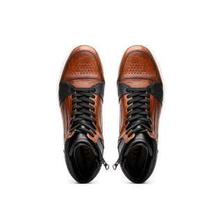 Zelli Italia Bravo Men's Shoes Cognac & Brown Burnished Calf-Skin Leather High-Top Sneaker (ZEL1061)