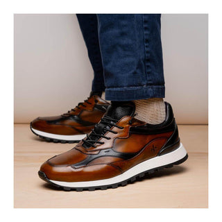Zelli Italia Bravo Men's Shoes Cognac & Black Burnished Calf-Skin Leather Sneaker (ZEL1063)